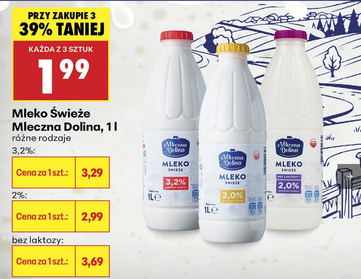 Mleko świeże Mleczna Dolina, 1 L (przy zakupie 3 opakowań) - Biedronka