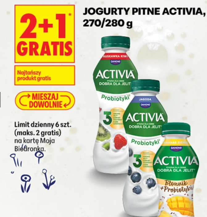 Jogurty pitne ACTIVIA, 270/280g (2+1 GRATIS) - Biedronka