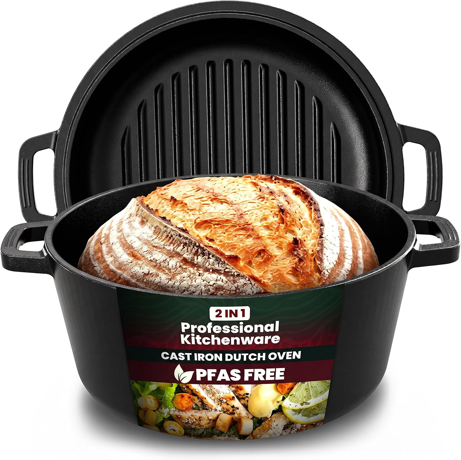 Kichly Wstępnie przygotowany żeliwny garnek holenderski z pokrywką do grillowania 2w1