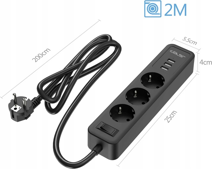 JSVER Listwa zasilająca 3x230V + 3xUSB 2m 3680W z ochroną – Czarna - od Lekker-store