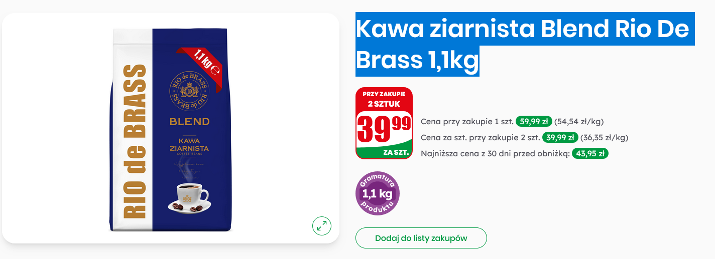Kawa ziarnista Blend Rio De Brass 1,1 kg (przy zakuie 2 op.) - DINO