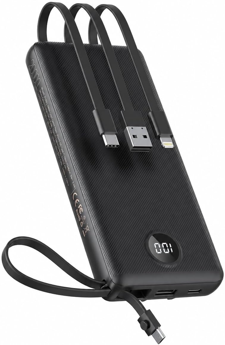 VEEKTOMX 20000mAh Powerbank z Wbudowanymi Kablami i Wyświetlaczem LED