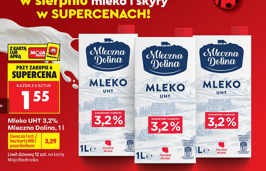 Mleko UHT 3.2% Mleczna Dolina, 1 L (przy zakupie 6 opakowań) - Biedronka