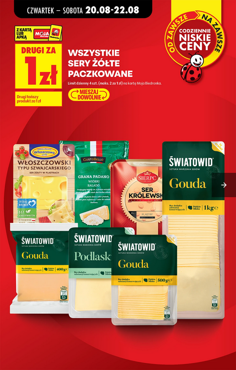 Wszystkie sery żółte, paczkowane (drugie opakowanie za 1 PLN) - Biedronka