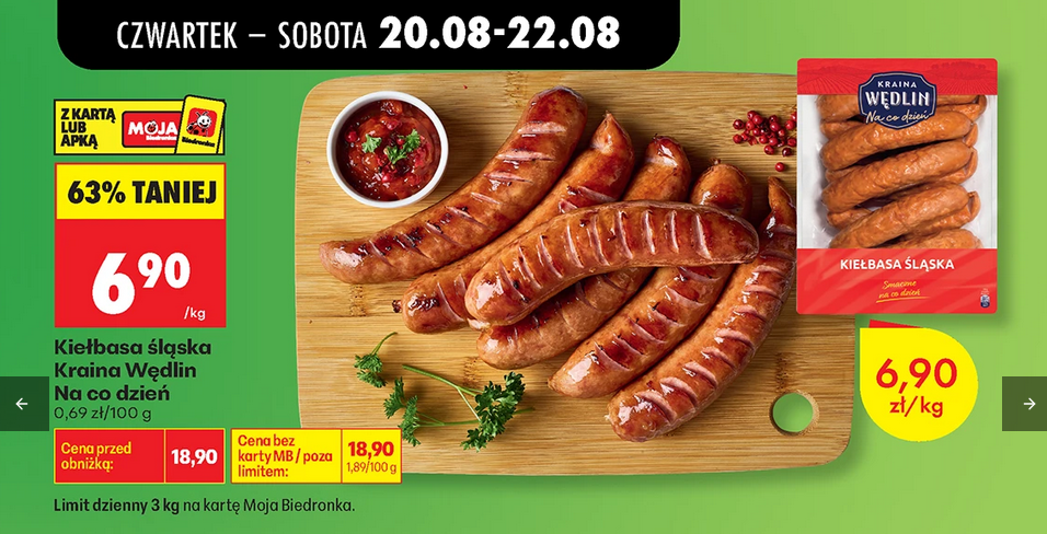 Kiełbasa śląska Kraina Wędlin, 550g (1+1 GRATIS) lub śląska Na co Dzień za 6.30 PLN/ kg - Biedronka