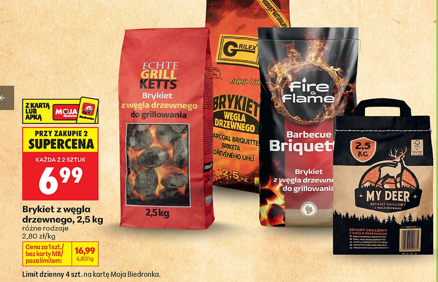 Brykiet z węgla drzewnego, 2.5 kg (przy zakupie 2 opakowań) - Biedronka