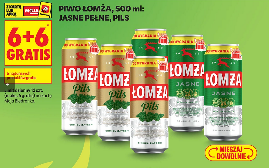 Piwo ŁOMŻA, 500 ml, Jasne Pełne lub Pils (6+6 GRATiS) - Biedronka