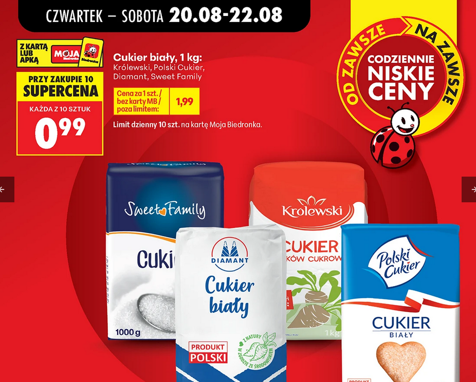 Cukier biały, 1 kg, rózne rodzaje (przy zakupie 10 sztuk - zgrzewka) - Biedronka