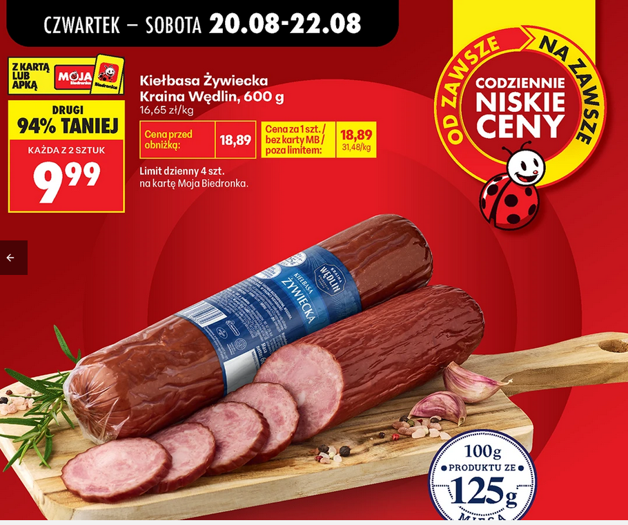 Kiełbasa Żywiecka Kraina Wedlin, 600g (przy zakupie 2 szt.) - Biedronka