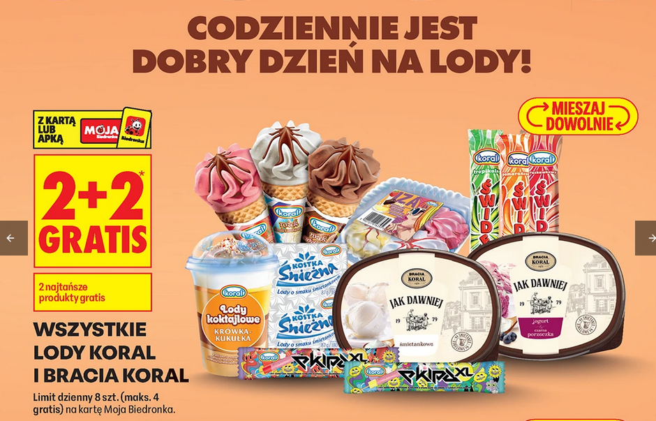 Wszystkie lody KORAL i BRACIA KORAL (2+2 GRATIS) - Biedronka