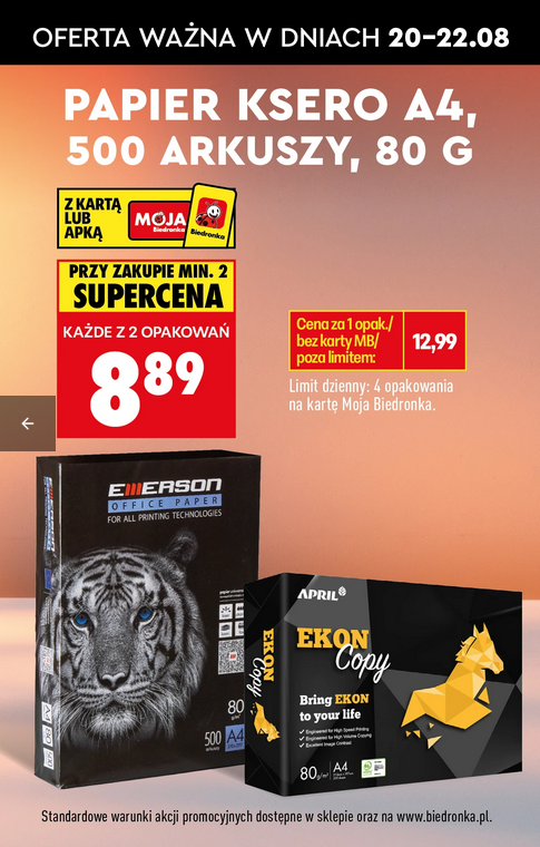 Papier Ksero Ewerson lub Ekon Copy, A4, 500 arkuszy (ryza), 80g (przy zakupie 2 op.) - Biedronka