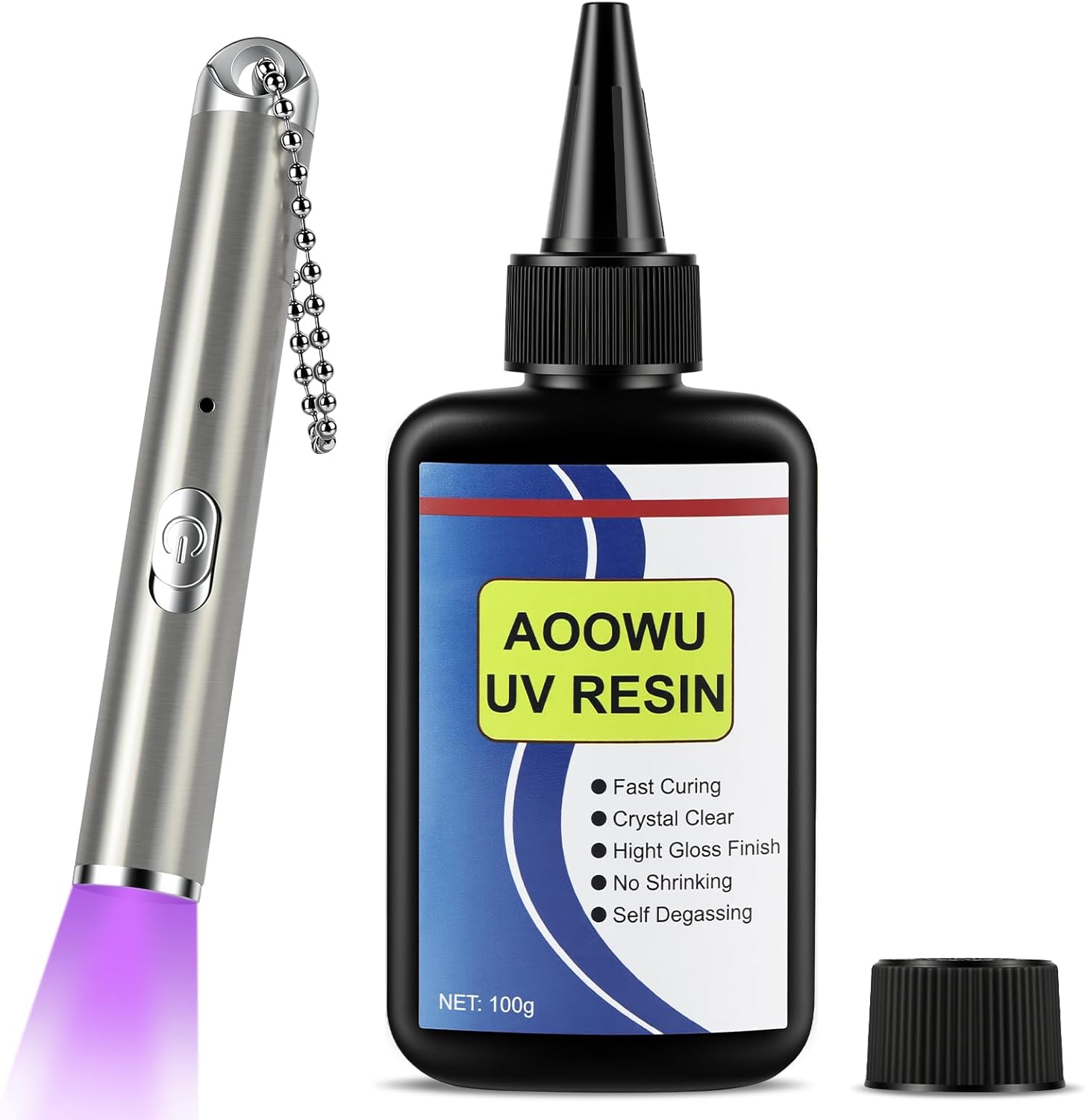 AOOWU Żywica UV 100 g, przezroczysta żywica + latarka akumulatorowa UV (do utwardzania)