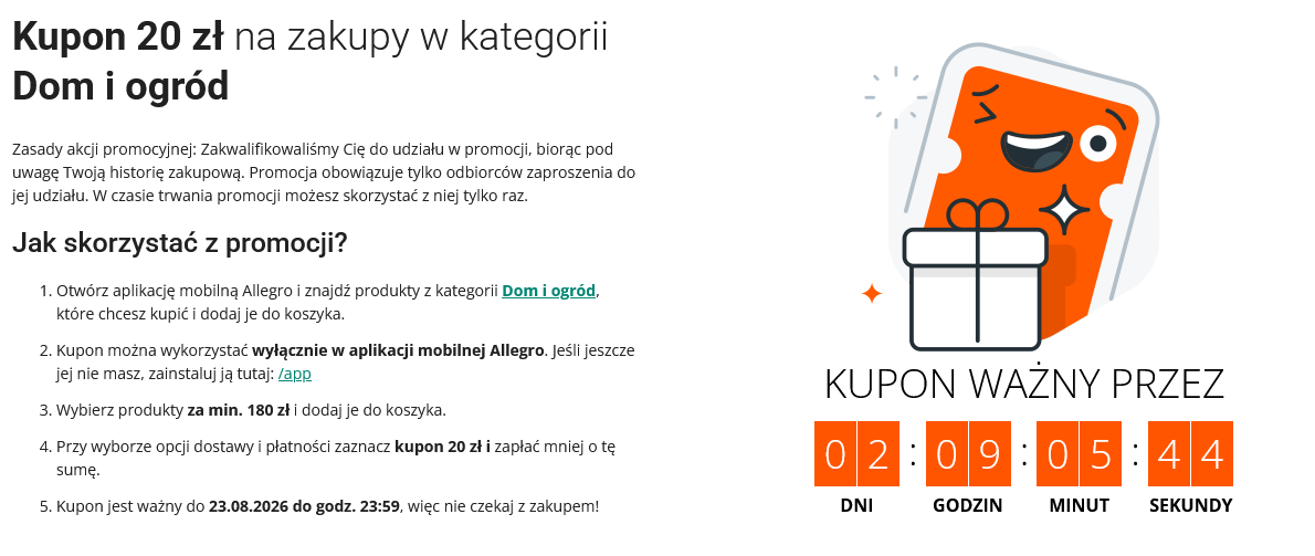 KUPON -20 PLN na zakupy w kategorii Dom i ogród za min. 180 PLN - Allegro