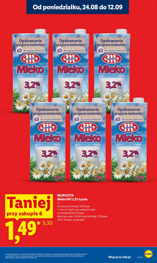 MLEKOViTA Mleko UHT 3.2 % Łączka 1 L (przy zakupie 6 op.) - LIDL