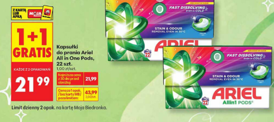Kapsułki do prania Ariel All In One Pods 22 szt. (1+1 GRATIS) - Biedronka