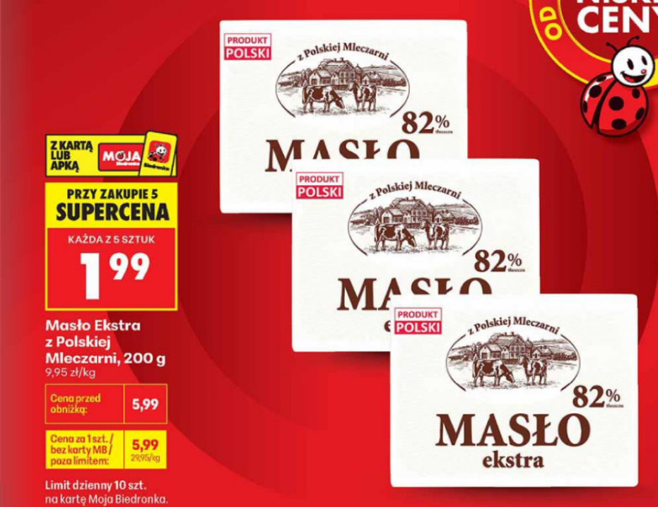 Masło Ekstra z Polskiej Mleczarni 200g (przy zakupie 5 op.0 - Biedronka