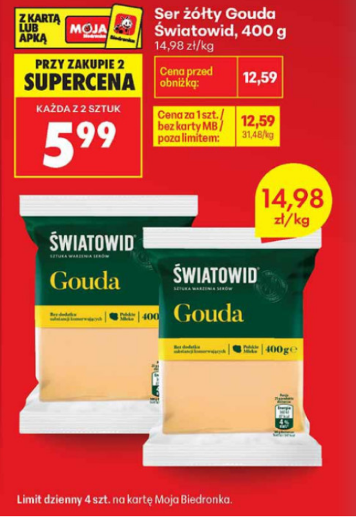 Ser żólty Gouda Światowid 400g (przy zakupie 2 op. - 14.98 PLN/kg) - Biedronka