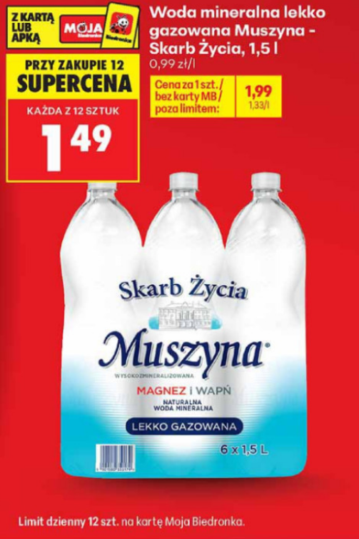 Woda mineralna lekko gazowana Muszyna - Skarb Życia 1.5 L (przy zakupie 12 butelek) - Biedronka