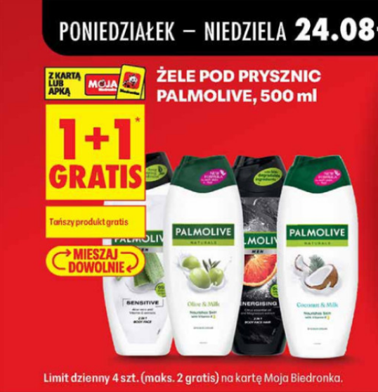 Wszystkie żele pod prysznic PALMOLIVE 500 ml (1+1 GRATIS) - Biedronka