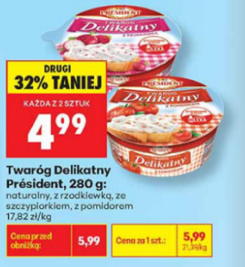 Twaróg Delikatny PRESIDENT różne rodzaje 280g (przy zakupie 2 op.) - Biedronka