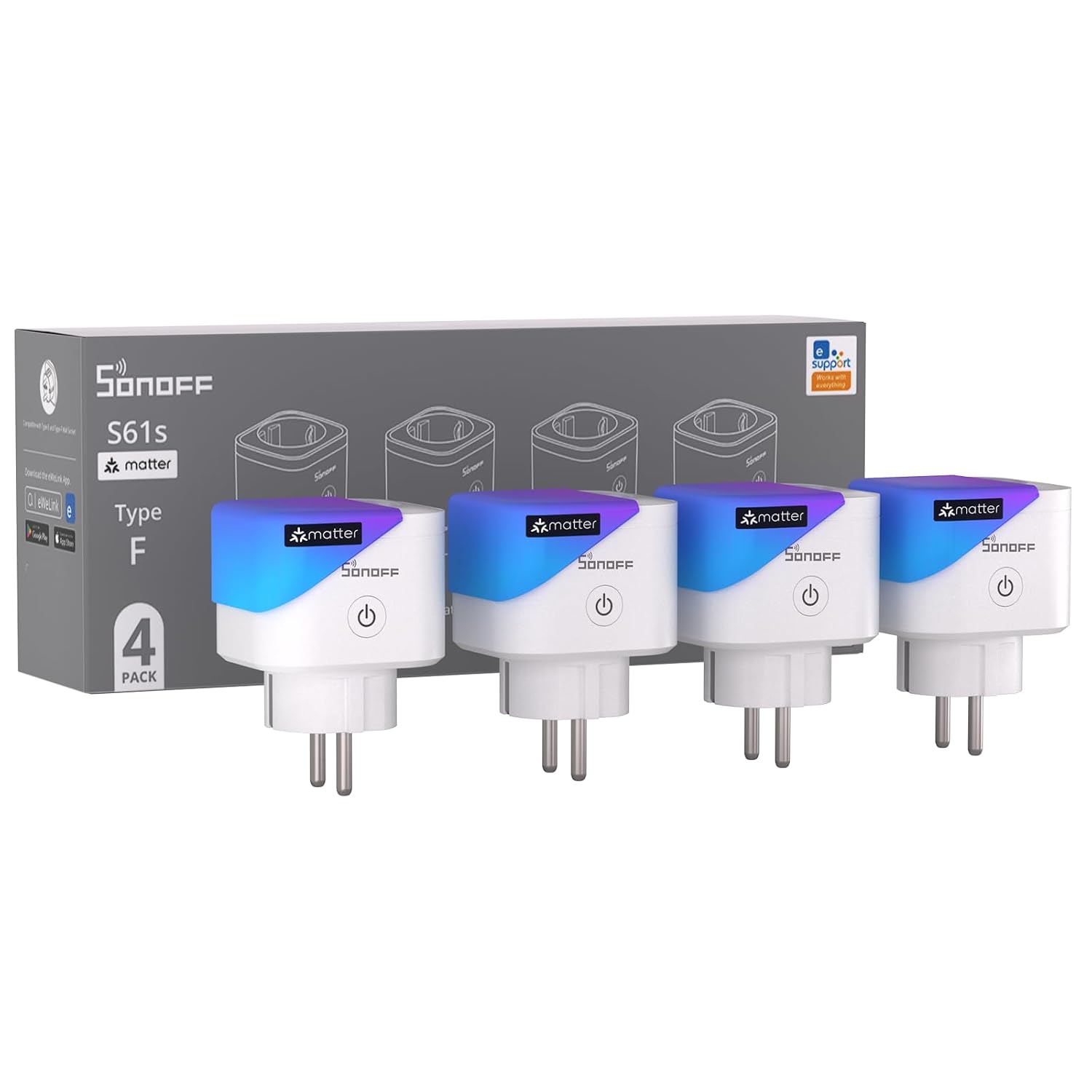 4 SZTUKI - Zestaw: SONOFF S61s Inteligentne Gniazdko WiFi 16A/3840W