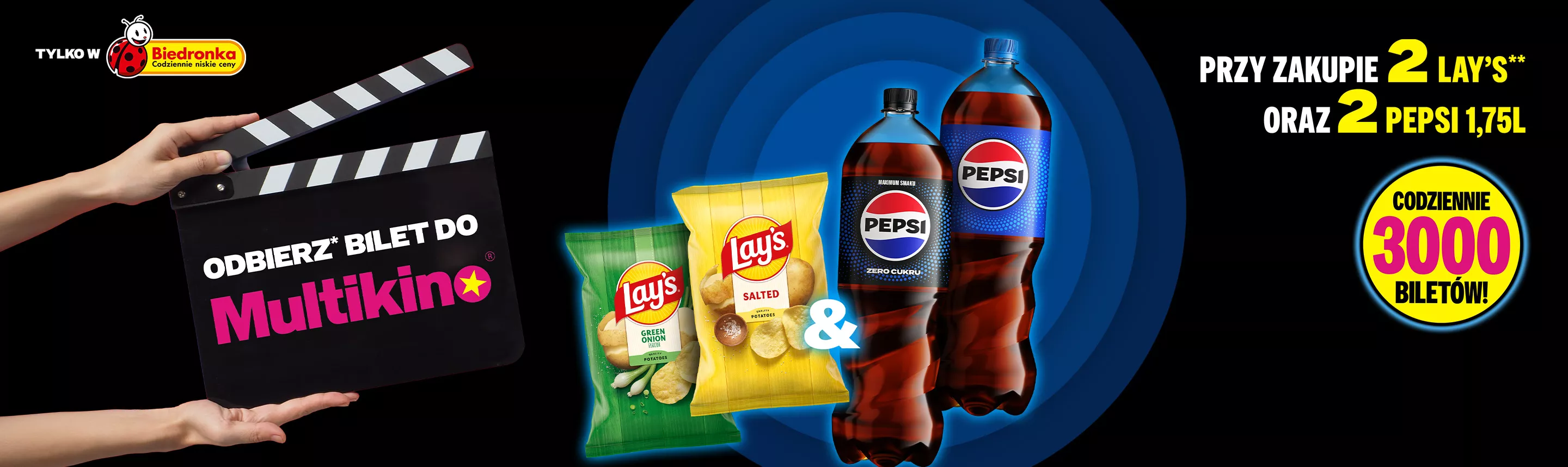 DARMOWY BILET do MultiKina - Przy zakupie 2 x Pepsi 1,75L i 2 x Lay’s w Biedronce