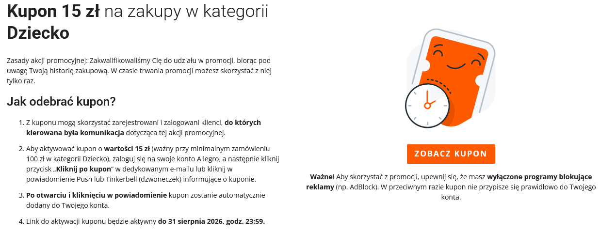 KUPON -15 PLN na zakupy w kategorii Dziecko MWZ 100 PL - Allegro (dla wybranych)