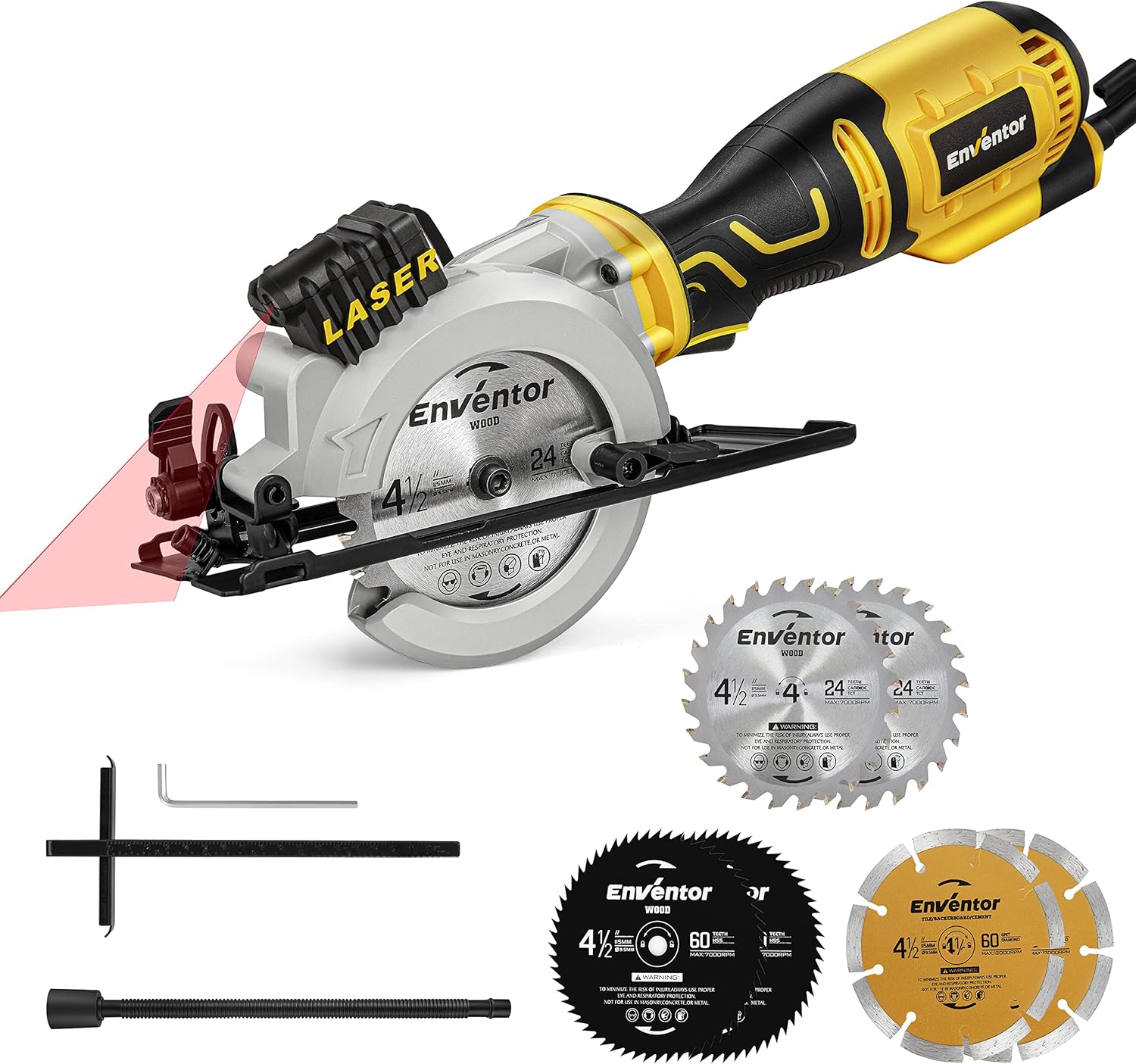 Mini ręczna pilarka tarczowa ENVENTOR 705W 3500 RPM prowadnica laserowa 6 ostrzy Ø115 mm