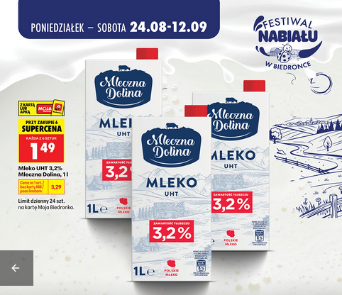 Mleko UHT 3.2% Mleczna Dolina 1 L (przy zakupie 6 op.) - Biedronka