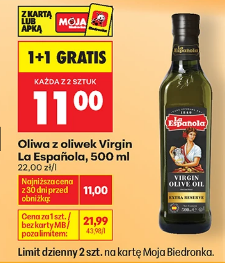 Oliwa z oliwek Virgin La Espanola 500 ml (przy zakupie 2 butelek) - Biedronka