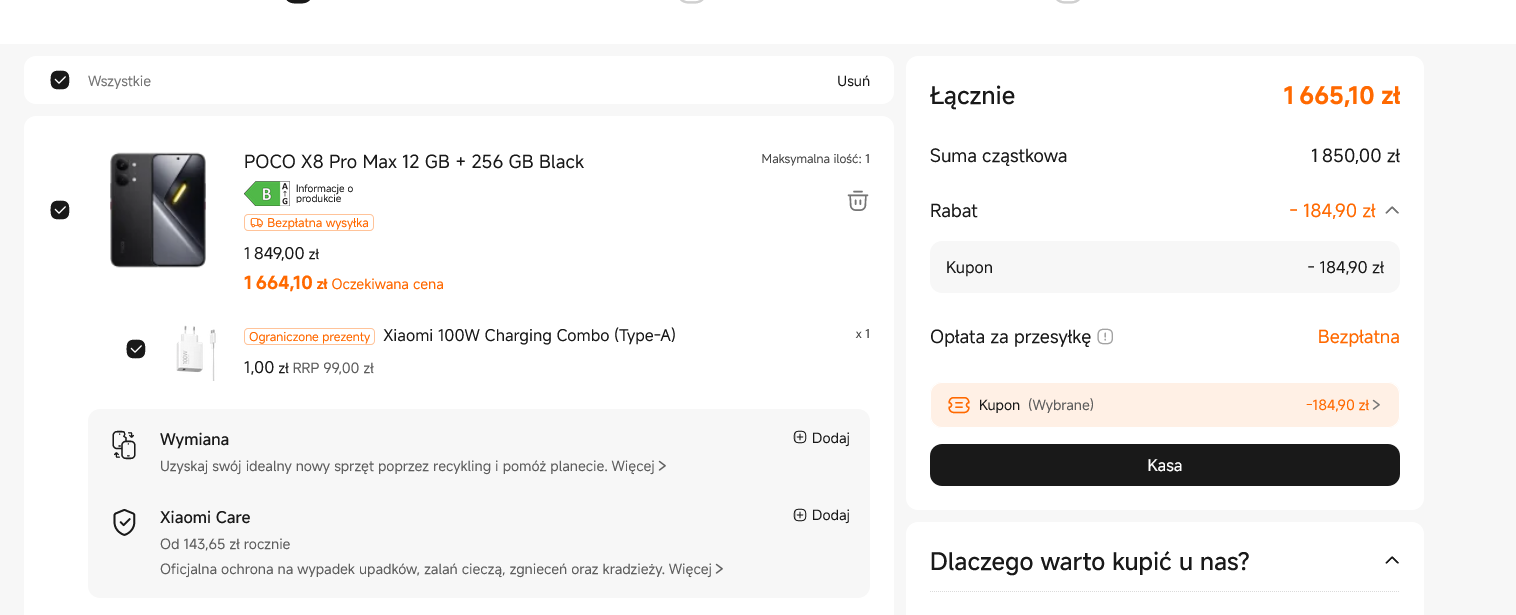 Smartfon POCO X8 Pro Max 12 GB/256 GB Black + Ładowarka Xiaomi 100W Charging Combo (Type-A) za 1 PLN