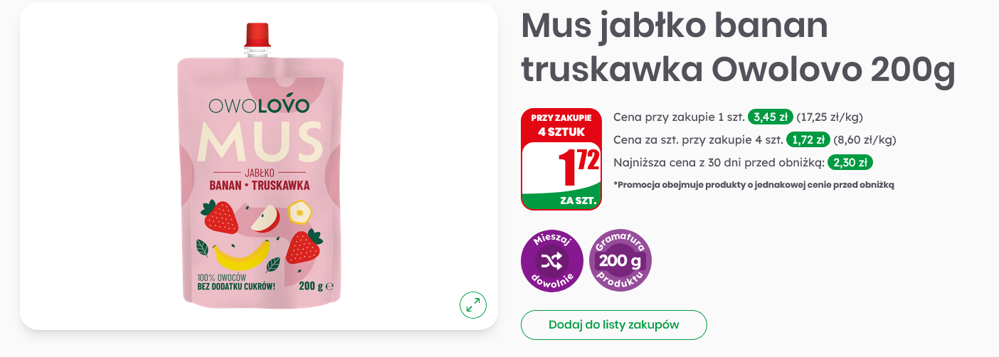 Mus jabłko banan truskawka Owolovo 200g (przy zakupie 4 op.) - DINO