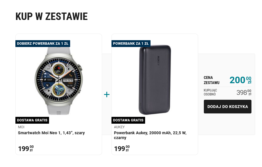 ZESTAW: Smartwatch Moi Neo 1 1,43” szary + Powerbank Aukey 20000 mAh 22,5 W czarny za 1 PLN