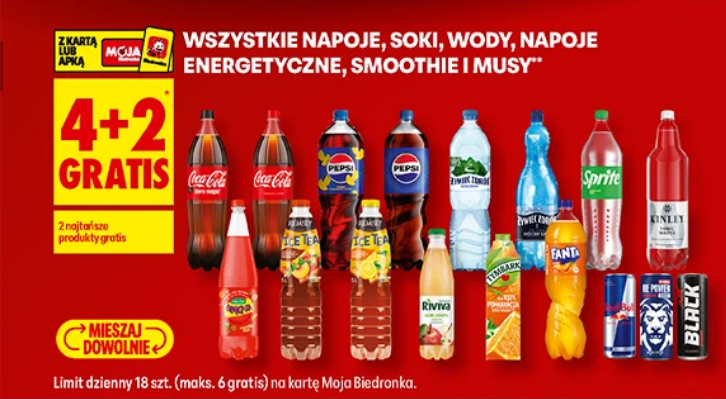 Wszystkie napoje soki wody napoje energetyczne smoothie i musy (4+2 GRATIS) - Biedronka