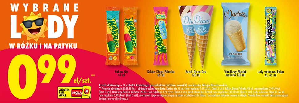 Wybrane lody w rożku i na patyku - Biedronka