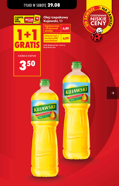 Olej rzepakowy Kujawski 1 L (przy zakupie 2 opakowań) - Biedronka