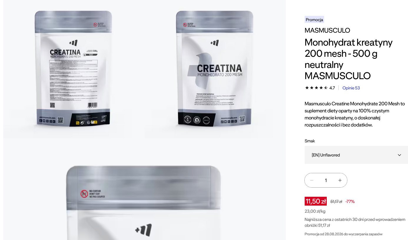 Monohydrat kreatyny 200 mesh - 500g Smak neutralny - MASMUSCULO
