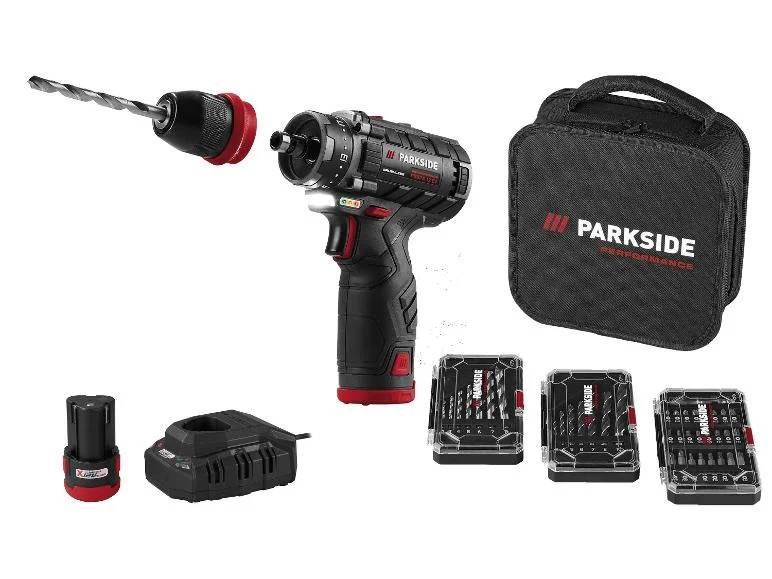 PARKSIDE PERFORMANCE® Akumulatorowa wiertarkowkrętarka 12 V PBSPA 12 E4 (z 2 akumulatorami i ładowarką) + 2 zestawy wierteł + 1 zestw bitów