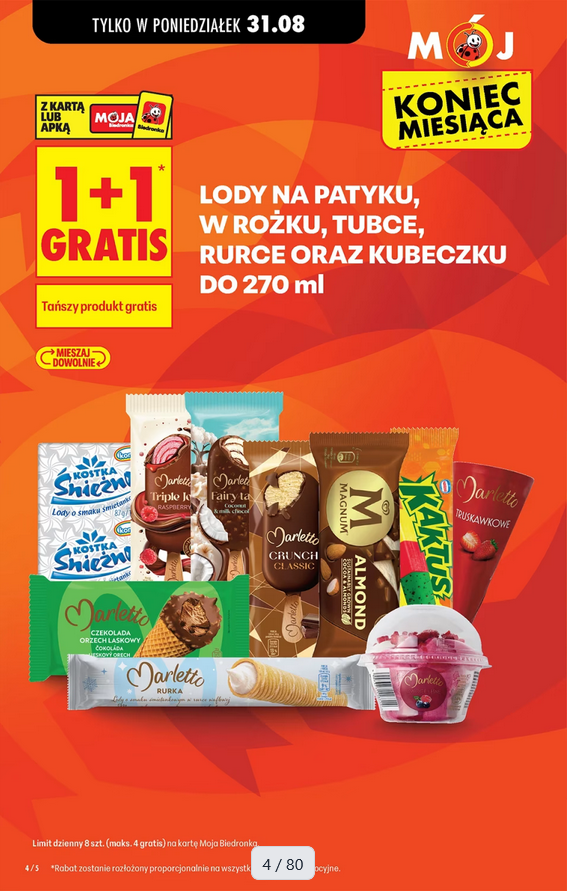 Lody na patyku w rożku tubce rurce oraz kubeczku do 250 ML (1+1 GRATIS) - Biedronka