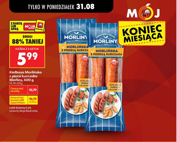 Kiełbasa Morlińska z piersi kurczaka Morliny 400g (przy zakupie 2 op.) - Biedronka
