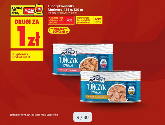Tuńczyk kawałki Marinero 185g/130g rózne rodzaje (drugi za 1 PLN) - Biedronka