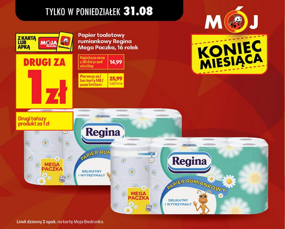 Papier toaletowy rumiankowy Regina Mega Paczka 16 rolek (drugi prod. za 1 PLN) - Biedronka