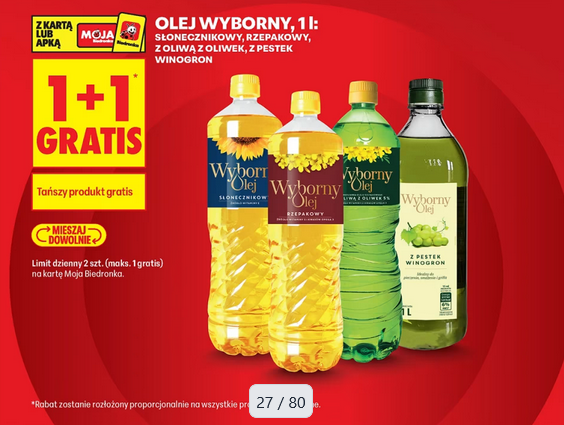 Olej Wyborny różne rodzaje 1 L (1+1 GRATIS) - Biedronka