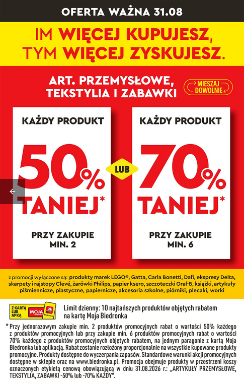 RABAT -50% na kążdy prod. przy zakupie 2 prod. lub -70% na każdy przy zakupie min. 6 prod. - Biedronka