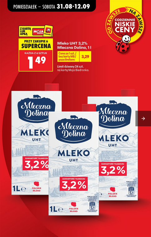 Mleko UHT 3.2% Mleczna Dolina 1 L (przy zakupie 6 op.) - Biedronka