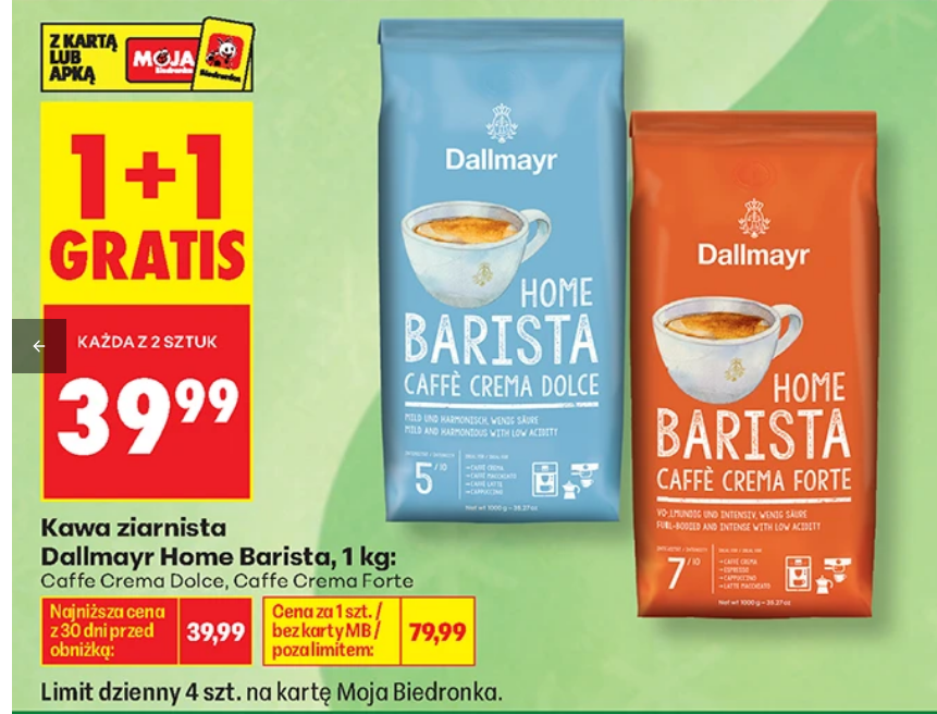 Kawa ziarnista Dallmayr Home Barista różne rodzaje 1 kg (1+1 GRATIS) - Biedronka