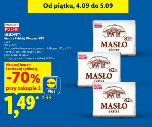 MLEKOVITA Masło z Polskiej Mleczarni 82% 200g (przy zakupie 3 op.) - LIDL