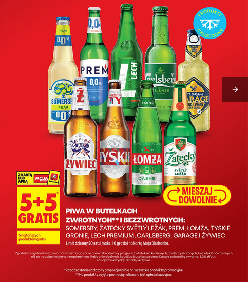 Piwa w butelkach zwrotnych i bezzwortnych różne rodzaje (5+5 GRATIS) - Biedronka