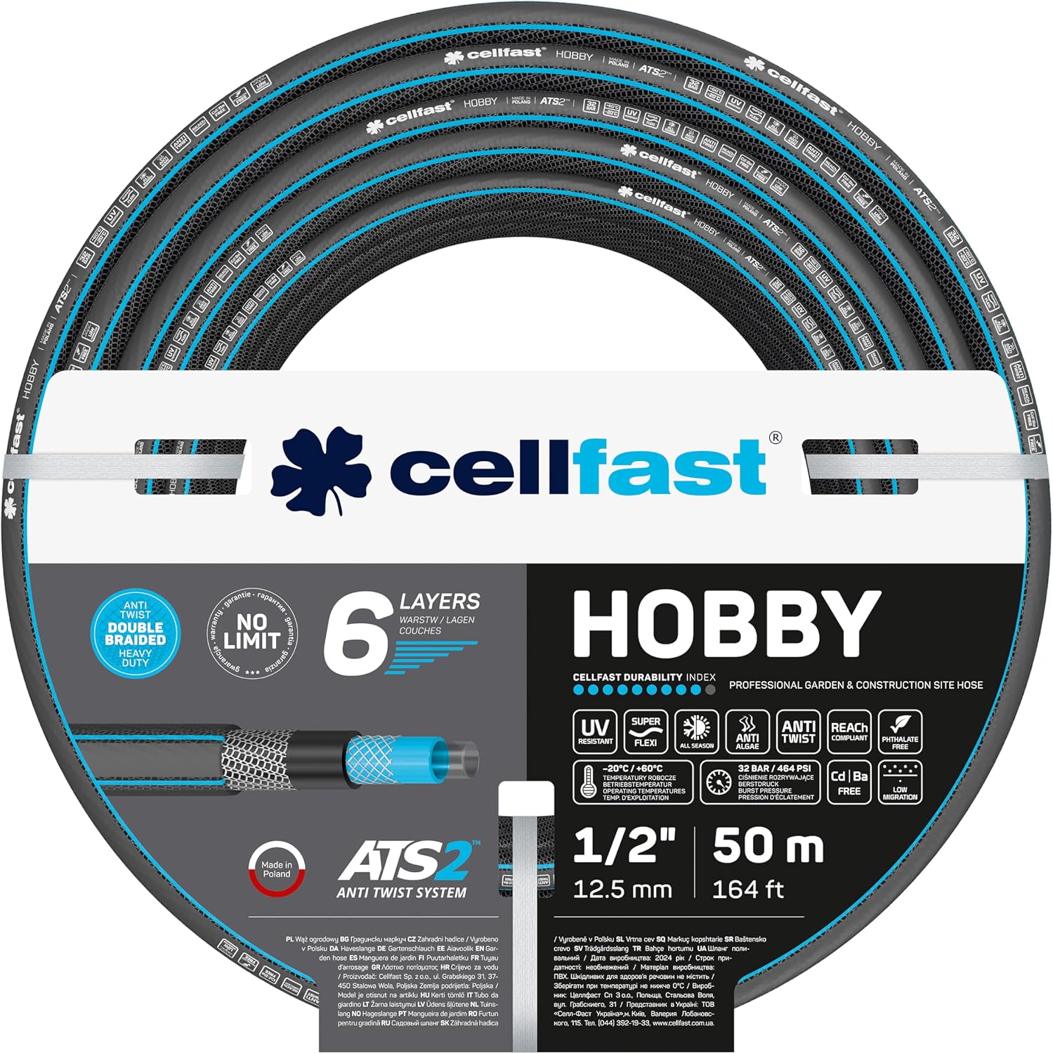 CELLFAST Wąż Ogrodowy 6 Warstwowy Wytrzymały Do Ogrodu Odporny Na Promienie UV Podwójny Oplot Krzyżowo Trykotowy 1/2 Cala 50 Metrów