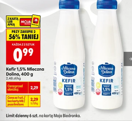 Kefir 1.5% Mleczna Dolina 400g (przy zakupie 2 op.) - Biedronka